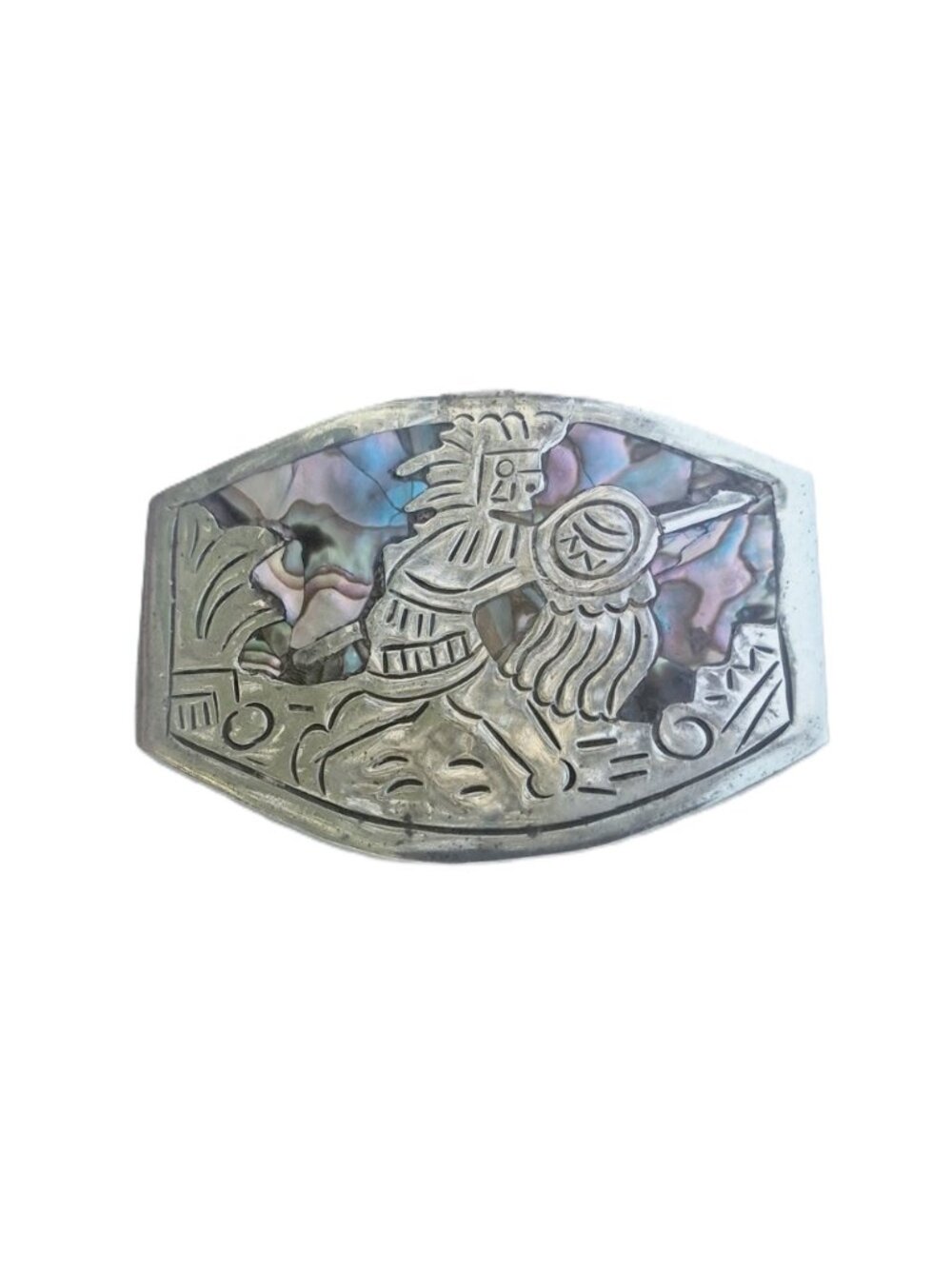 VTG Mexican Sterling Silver Abalone Shell Inlay Aztec Warrior Pin Brooch